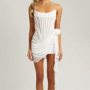 Heiress Beverly Hills white chiffon mesh corset flower drape mini dress
